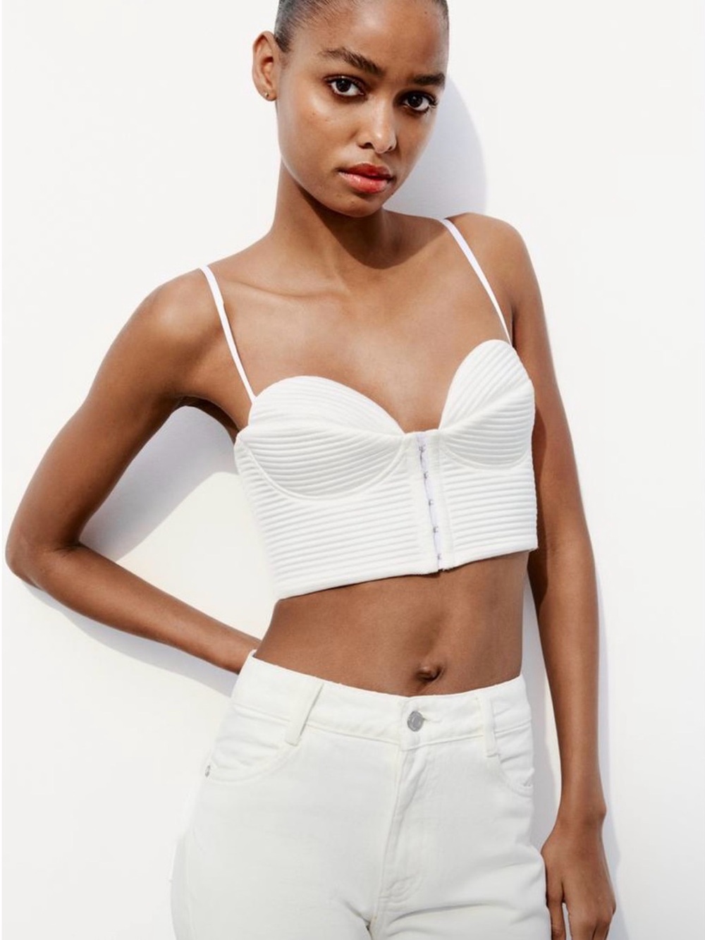 Zara White Ribbed Bustier Crop Top - Women